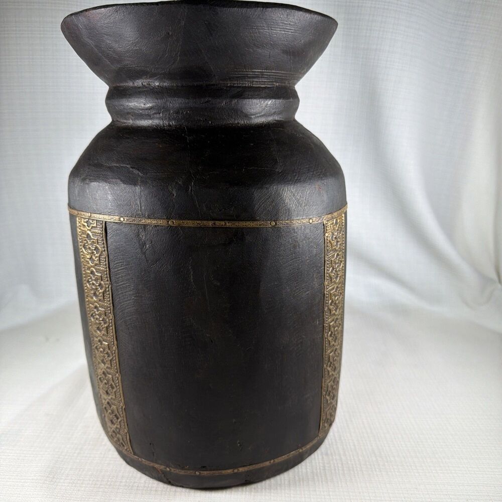 Vintage Indian Carved Wood Vessel Lota Pot Vase Brass Inlay Base Crack As Is
